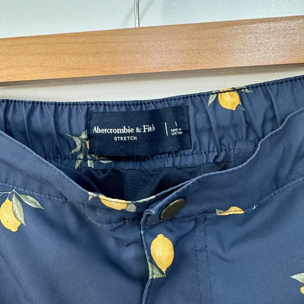 Abercrombie & Fitch Mens‎ Navy Lemon Print Swim Trunks Large Stretch Mesh Liner
